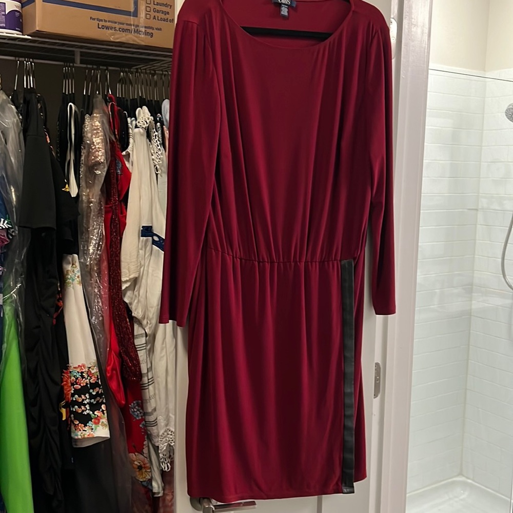 Chaps wine-color 3/4 sleeve drop waist faux wrap dress with faux leather detail